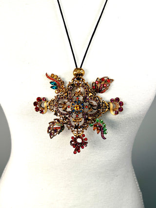 Fall 1996 Todd Oldham 24 kt Gold Plated With Ebonized Quatrefoil Jeweled Brooch Necklace