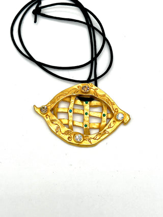 Vintage Signed Todd Oldham Fall 1993 24K Gold Lattice Charm Necklace with Swarovski Crystals on 26" Silk Cord