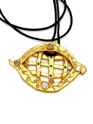 Vintage Signed Todd Oldham Fall 1993 24K Gold Lattice Charm Necklace with Swarovski Crystals on 26" Silk Cord
