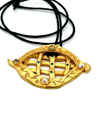 Vintage Signed Todd Oldham Fall 1993 24K Gold Lattice Charm Necklace with Swarovski Crystals on 26" Silk Cord