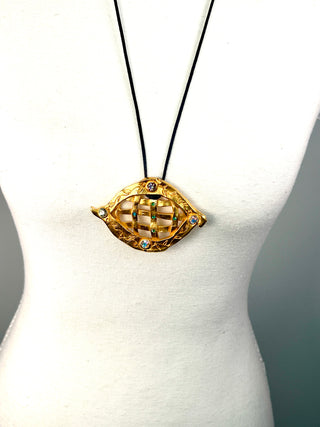 Vintage Signed Todd Oldham Fall 1993 24K Gold Lattice Charm Necklace with Swarovski Crystals on 26" Silk Cord