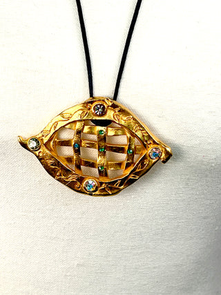 Vintage Signed Todd Oldham Fall 1993 24K Gold Lattice Charm Necklace with Swarovski Crystals on 26" Silk Cord
