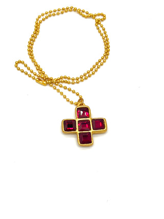 Vintage Todd Oldham 24kt Gold Plated Plus Sign Charm Necklace – Jeweled With Ruby Red Crystals