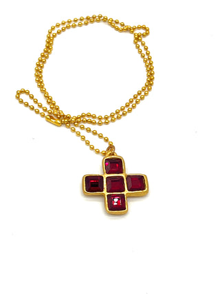 Vintage Todd Oldham 24kt Gold Plated Plus Sign Charm Necklace – Jeweled With Ruby Red Crystals