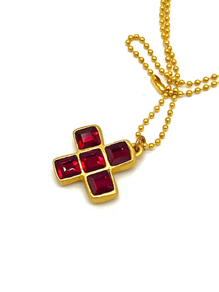 Vintage Todd Oldham 24kt Gold Plated Plus Sign Charm Necklace – Jeweled With Ruby Red Crystals