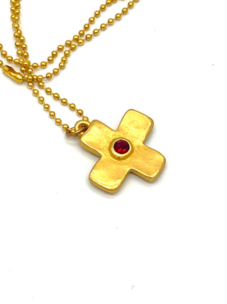 Vintage Todd Oldham 24kt Gold Plated Plus Sign Charm Necklace – Jeweled With Ruby Red Crystals