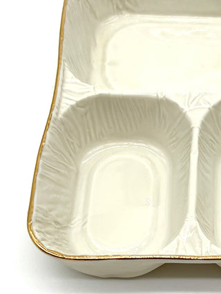 Todd Oldham Studio Collections - Lorena Barrezueta White Porcelain Divided Take-Out Tray with Gold Trim / Fine Porcelain Cast Utility Plate
