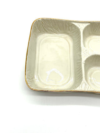 Todd Oldham Studio Collections - Lorena Barrezueta White Porcelain Divided Take-Out Tray with Gold Trim / Fine Porcelain Cast Utility Plate