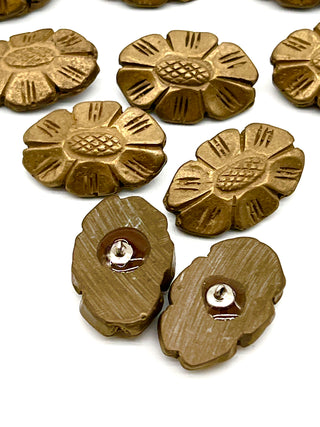 Set of 10 Vintage Todd Oldham Gold Metallic Resin Daisy Buttons — Oblong Floral Design