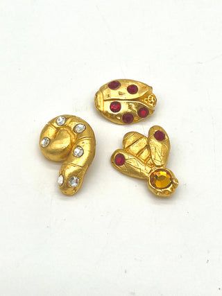 Rare Set of 3 Vintage Todd Oldham 1990s Critter Buttons — 24kt Gold Plated with Swarovski Crystals