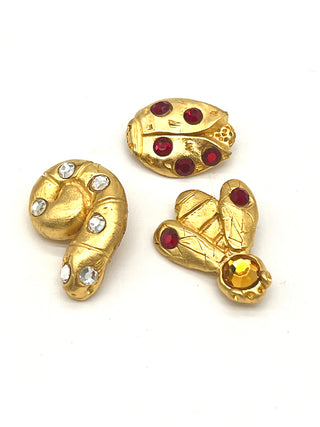 Rare Set of 3 Vintage Todd Oldham 1990s Critter Buttons — 24kt Gold Plated with Swarovski Crystals