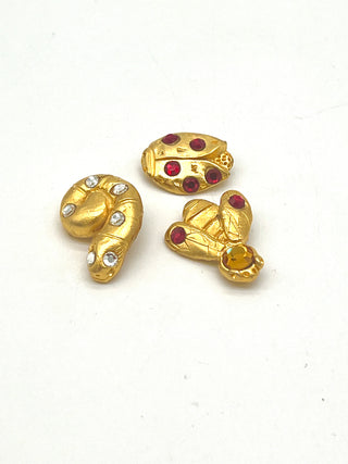 Rare Set of 3 Vintage Todd Oldham 1990s Critter Buttons — 24kt Gold Plated with Swarovski Crystals