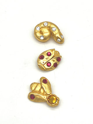 Rare Set of 3 Vintage Todd Oldham 1990s Critter Buttons — 24kt Gold Plated with Swarovski Crystals