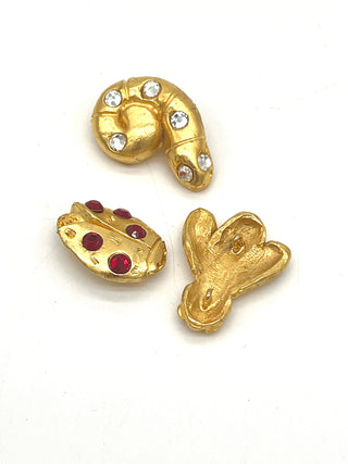 Rare Set of 3 Vintage Todd Oldham 1990s Critter Buttons — 24kt Gold Plated with Swarovski Crystals