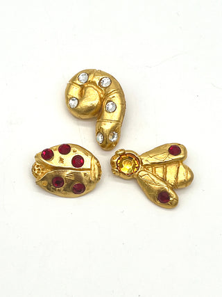 Rare Set of 3 Vintage Todd Oldham 1990s Critter Buttons — 24kt Gold Plated with Swarovski Crystals