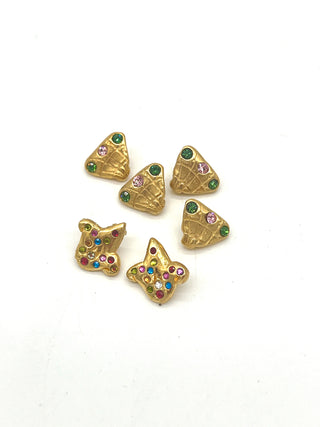 Set of 6 Vintage Todd Oldham 1995 “Fan & Fleur-de-Lis” Buttons — 24kt Gold Plate with Tiny Swarovski Chrystals - Signed & Dated