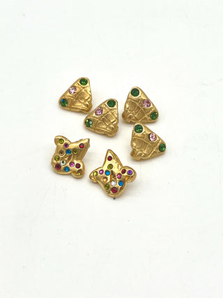 Set of 6 Vintage Todd Oldham 1995 “Fan & Fleur-de-Lis” Buttons — 24kt Gold Plate with Tiny Swarovski Chrystals - Signed & Dated