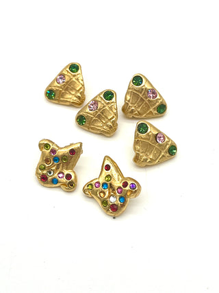 Set of 6 Vintage Todd Oldham 1995 “Fan & Fleur-de-Lis” Buttons — 24kt Gold Plate with Tiny Swarovski Chrystals - Signed & Dated
