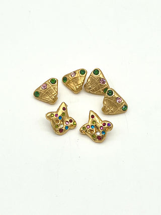 Set of 6 Vintage Todd Oldham 1995 “Fan & Fleur-de-Lis” Buttons — 24kt Gold Plate with Tiny Swarovski Chrystals - Signed & Dated