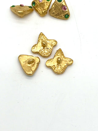 Set of 6 Vintage Todd Oldham 1995 “Fan & Fleur-de-Lis” Buttons — 24kt Gold Plate with Tiny Swarovski Chrystals - Signed & Dated