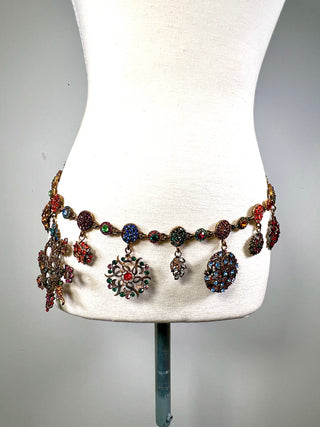 Vintage Todd Oldham Fall 1996 Runway Sample Swarovski Crystal Chain Belt – 24kt Gold Plated & Ebonized 1950s Jewelry Mold Medallion Belt