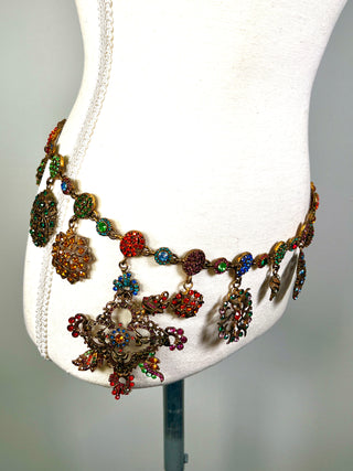 Vintage Todd Oldham Fall 1996 Runway Sample Swarovski Crystal Chain Belt – 24kt Gold Plated & Ebonized 1950s Jewelry Mold Medallion Belt