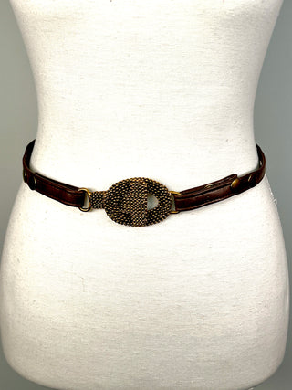 Vintage Fall 1995 Faux Leather Bridle Belt with 24 kt Gold Plated T+O Buckle