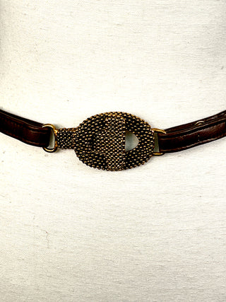 Vintage Fall 1995 Faux Leather Bridle Belt with 24 kt Gold Plated T+O Buckle