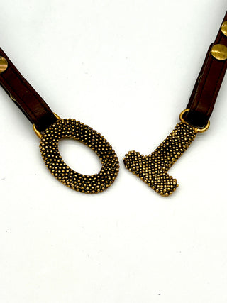 Vintage Fall 1995 Faux Leather Bridle Belt with 24 kt Gold Plated T+O Buckle