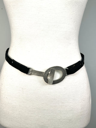 Vintage Todd Oldham Fall 1995 Bridle-Style Belt – Silver-Plated Interlocking Logo Buckle on Black Silk Faille Snap-Off Strap