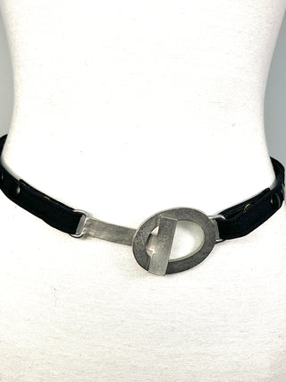 Vintage Todd Oldham Fall 1995 Bridle-Style Belt – Silver-Plated Interlocking Logo Buckle on Black Silk Faille Snap-Off Strap