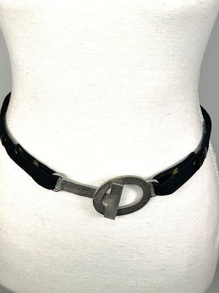 Vintage Todd Oldham Fall 1995 Bridle-Style Belt – Silver-Plated Interlocking Logo Buckle on Black Silk Faille Snap-Off Strap