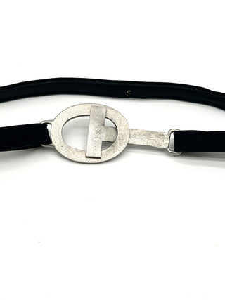 Vintage Todd Oldham Fall 1995 Bridle-Style Belt – Silver-Plated Interlocking Logo Buckle on Black Silk Faille Snap-Off Strap