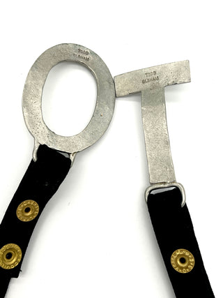 Vintage Todd Oldham Fall 1995 Bridle-Style Belt – Silver-Plated Interlocking Logo Buckle on Black Silk Faille Snap-Off Strap