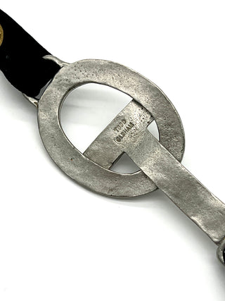 Vintage Todd Oldham Fall 1995 Bridle-Style Belt – Silver-Plated Interlocking Logo Buckle on Black Silk Faille Snap-Off Strap