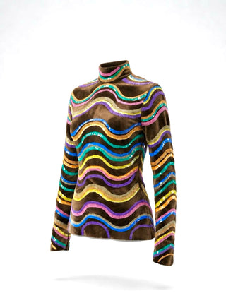 Vintage Fall 1997 Rainbow Stripe Sequin Faux Fur Fitted Turtle Neck