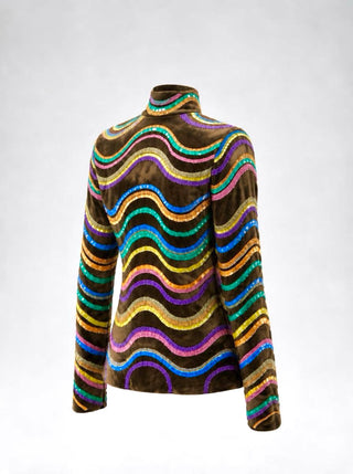 Vintage Fall 1997 Rainbow Stripe Sequin Faux Fur Fitted Turtle Neck
