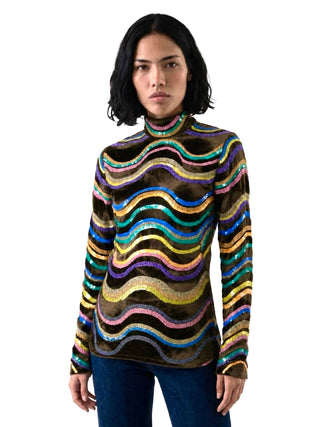 Vintage Fall 1997 Rainbow Stripe Sequin Faux Fur Fitted Turtle Neck