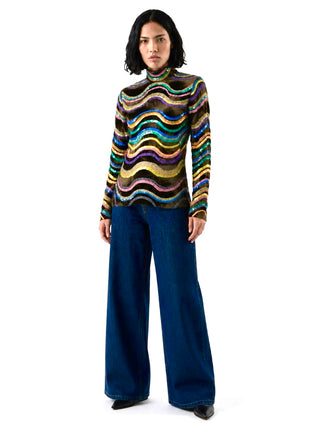 Vintage Fall 1997 Rainbow Stripe Sequin Faux Fur Fitted Turtle Neck