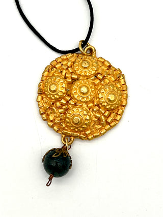 Todd Oldham Fall 1993 Vintage 24kt Gold-Plated Five Beaded Dots Medallion Necklace on Black Silk Cord with Dark Wood Bead