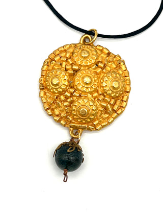 Todd Oldham Fall 1993 Vintage 24kt Gold-Plated Five Beaded Dots Medallion Necklace on Black Silk Cord with Dark Wood Bead