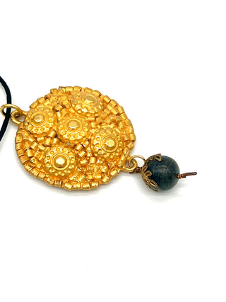 Todd Oldham Fall 1993 Vintage 24kt Gold-Plated Five Beaded Dots Medallion Necklace on Black Silk Cord with Dark Wood Bead