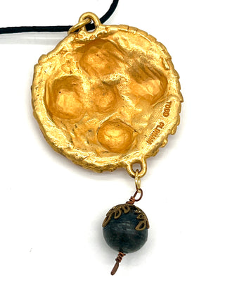 Todd Oldham Fall 1993 Vintage 24kt Gold-Plated Five Beaded Dots Medallion Necklace on Black Silk Cord with Dark Wood Bead