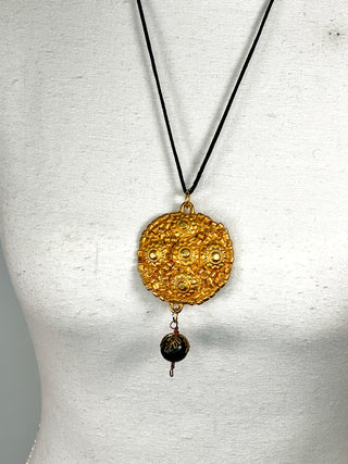 Todd Oldham Fall 1993 Vintage 24kt Gold-Plated Five Beaded Dots Medallion Necklace on Black Silk Cord with Dark Wood Bead