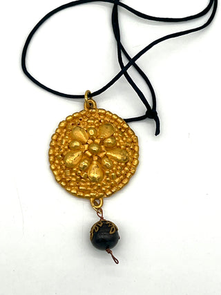 Todd Oldham Fall 1993 Vintage 24kt Gold-Plated Five Petal Dots Medallion Necklace on Black Silk Cord with Dark Wood Bead