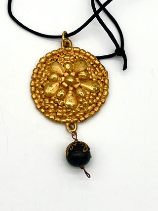 Todd Oldham Fall 1993 Vintage 24kt Gold-Plated Five Petal Dots Medallion Necklace on Black Silk Cord with Dark Wood Bead
