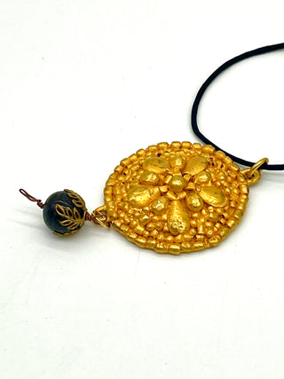 Todd Oldham Fall 1993 Vintage 24kt Gold-Plated Five Petal Dots Medallion Necklace on Black Silk Cord with Dark Wood Bead