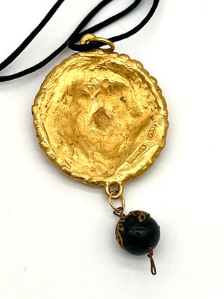 Todd Oldham Fall 1993 Vintage 24kt Gold-Plated Five Petal Dots Medallion Necklace on Black Silk Cord with Dark Wood Bead