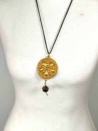 Todd Oldham Fall 1993 Vintage 24kt Gold-Plated Five Petal Dots Medallion Necklace on Black Silk Cord with Dark Wood Bead