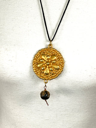 Todd Oldham Fall 1993 Vintage 24kt Gold-Plated Five Petal Dots Medallion Necklace on Black Silk Cord with Dark Wood Bead